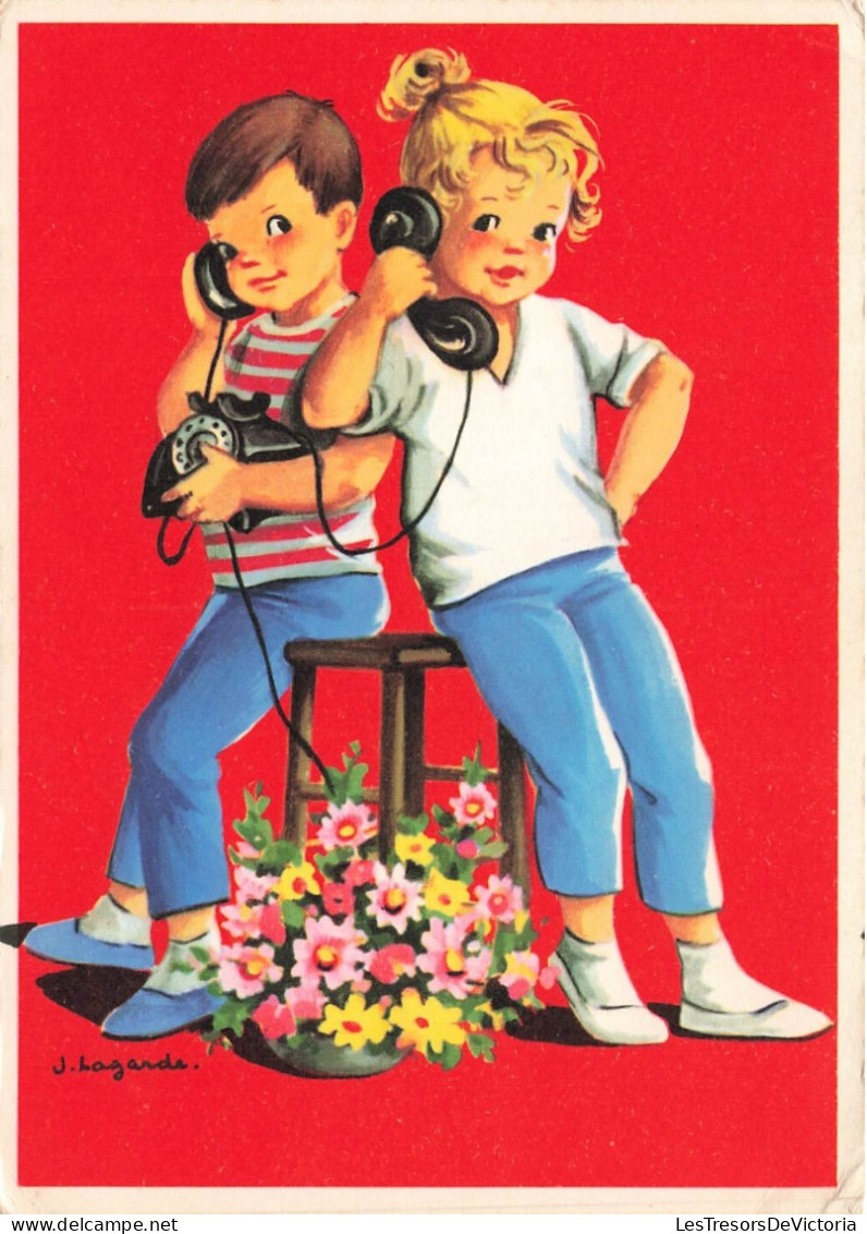 ILLUSTRATEUR - Un Couple Au Téléphone Assis Sur Un  Tabouret - J. Lagarde - Colorisé - Carte Postale Ancienne - Autres & Non Classés