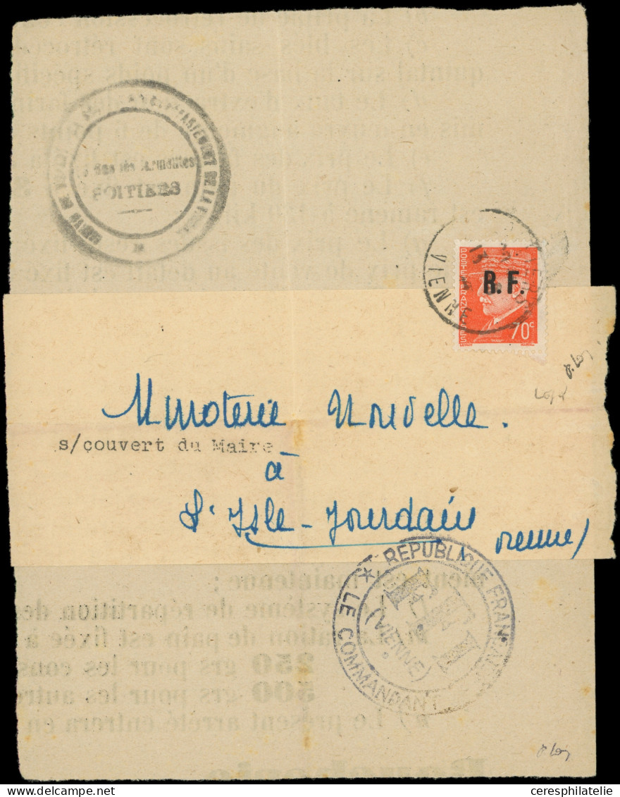 Let LA  LIBERATION - POITIERS 40 : 70c. Orange T IV Obl. Càd Sur Bande Journal Adressé "s/couvert Du Maire", Cachet FFI, - Libération