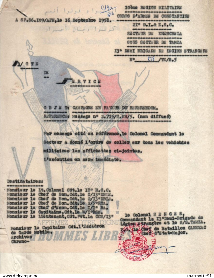 PROPAGANDE GUERRE ALGERIE  ARMEE FRANCAISE CAMPAGNE EN FAVEUR DU REFERENDUM 1958 - Documents