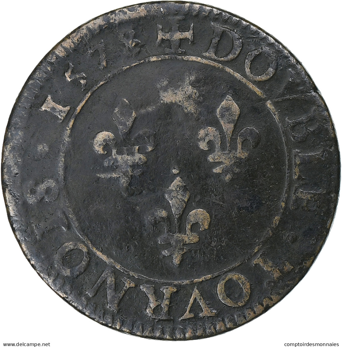 France, Henri III, Double Tournois, 1578, Paris, Cuivre, TB, Gadoury:455 - 1574-1589 Enrico III