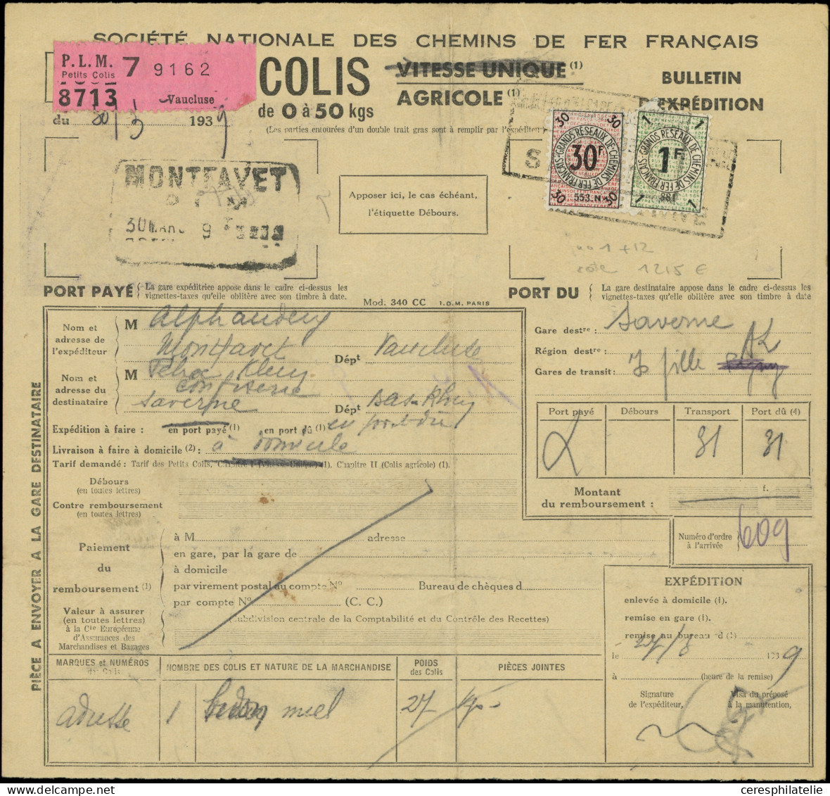 Let COLIS POSTAUX  (N° Et Cote Maury) - Timbres Pour Petits Colis 1 Et 12 Obl. Sur Bulletin D'Expédition Du 27/3/39, TB - Other & Unclassified