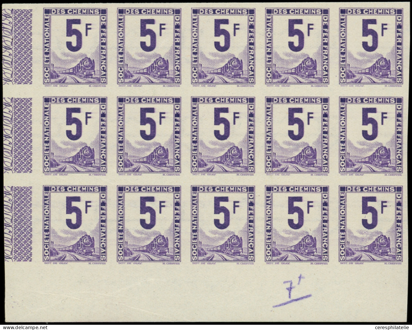 ** COLIS POSTAUX  (N° Et Cote Maury) - Timbres Pour Petits Colis 34 : 5f., Essai En Violet, BLOC De 15 NON DENTELE Cdf,  - Autres & Non Classés