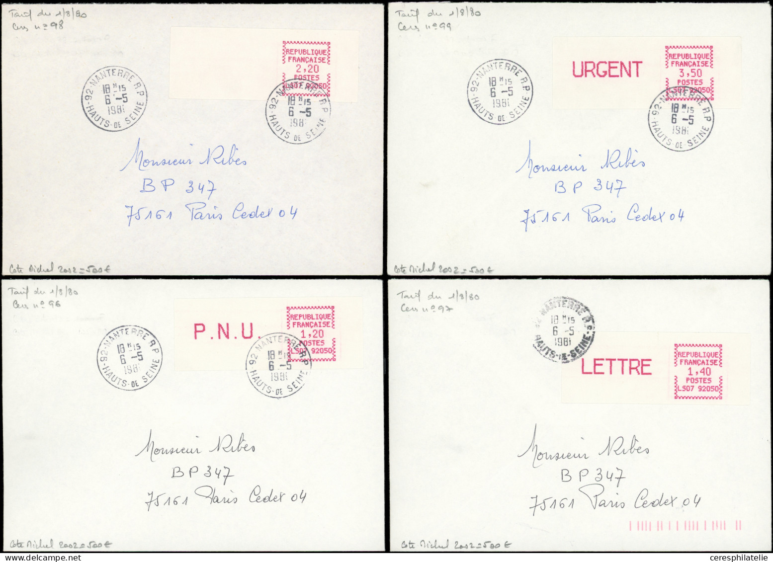 Let Spécialités Diverses - L.S.A. 96/99 : LS07 92050, Tarif Du 1/8/80, Type 5B Lilas-rose Obl. S. 4 Env., RR Et TB, Cote - Cartas & Documentos