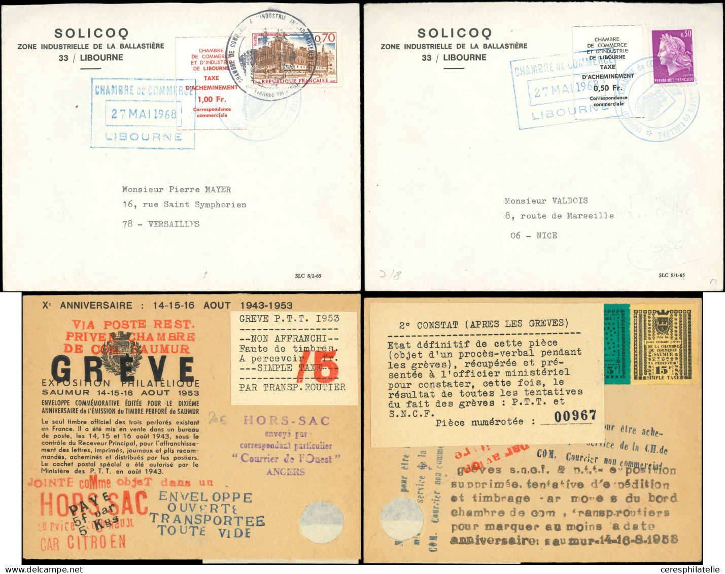 ** Spécialités Diverses - TIMBRES DE GREVE, Lot De 20 TP De Grèves Différents + 3 Feuillets De 4 Et 4 Lettres, 1953-88,  - Otros & Sin Clasificación