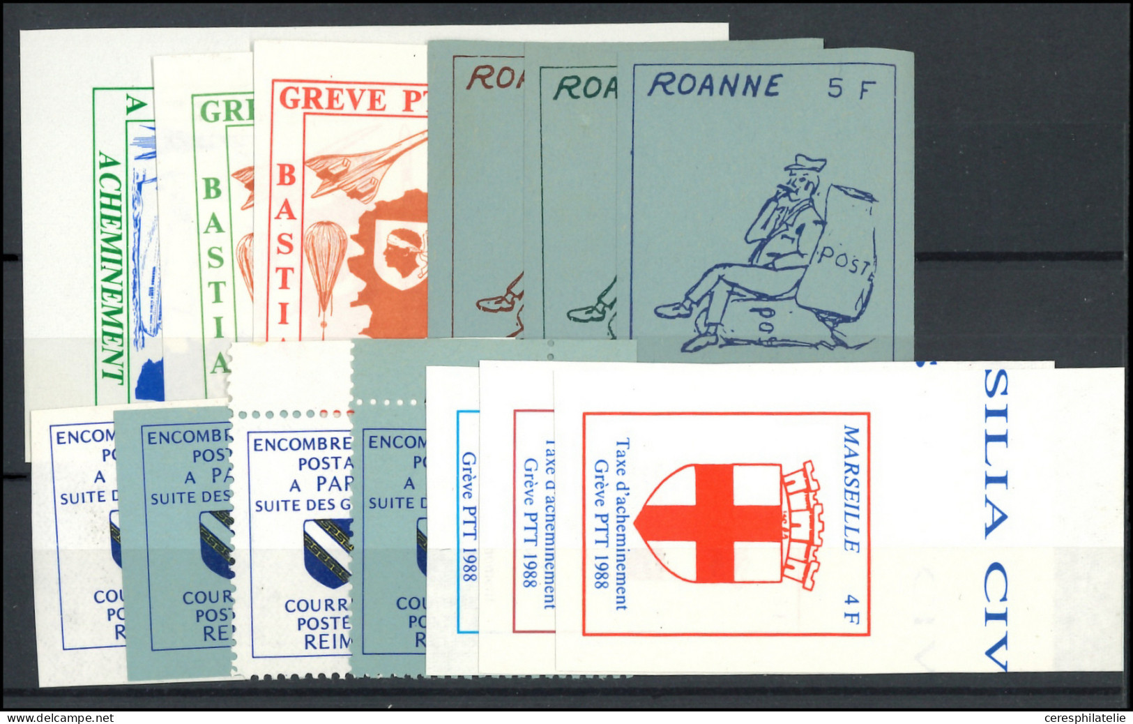 ** Spécialités Diverses - TIMBRES DE GREVE, Lot De 20 TP De Grèves Différents + 3 Feuillets De 4 Et 4 Lettres, 1953-88,  - Sonstige & Ohne Zuordnung