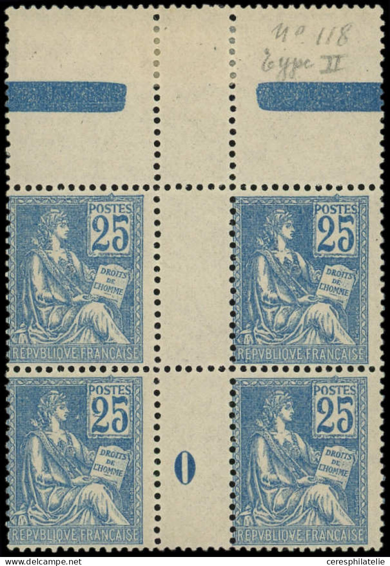 ** VARIETES - 118   Mouchon, 25c. Bleu, T II, BLOC De 4 Mill.0, Bdf *, TB - Millésimes