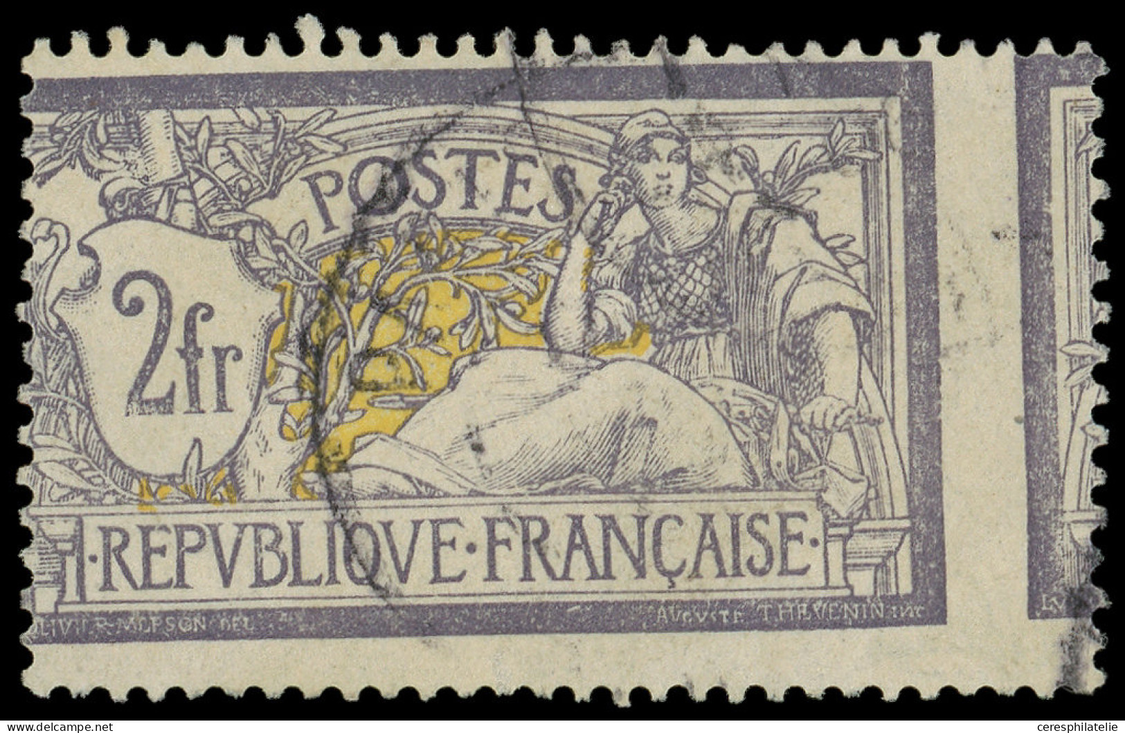VARIETES - 122c  Merson,  2f. Violet Et Jaune, PIQUAGE à CHEVAL, Obl., TB, RRR. J - Used Stamps