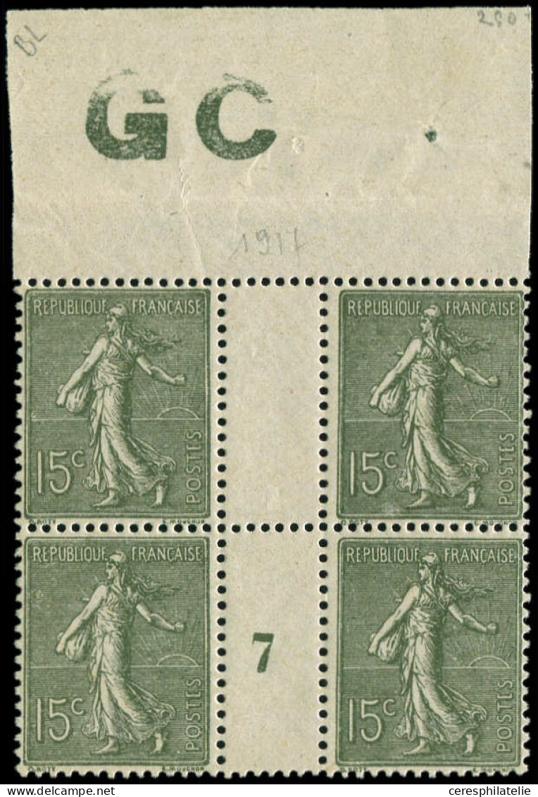 ** VARIETES - 130j  Semeuse Lignée, 15c. Vert-olive, BLOC De 4 Mill.7, Manchette GC, Papier Blanc, TTB - Millésime