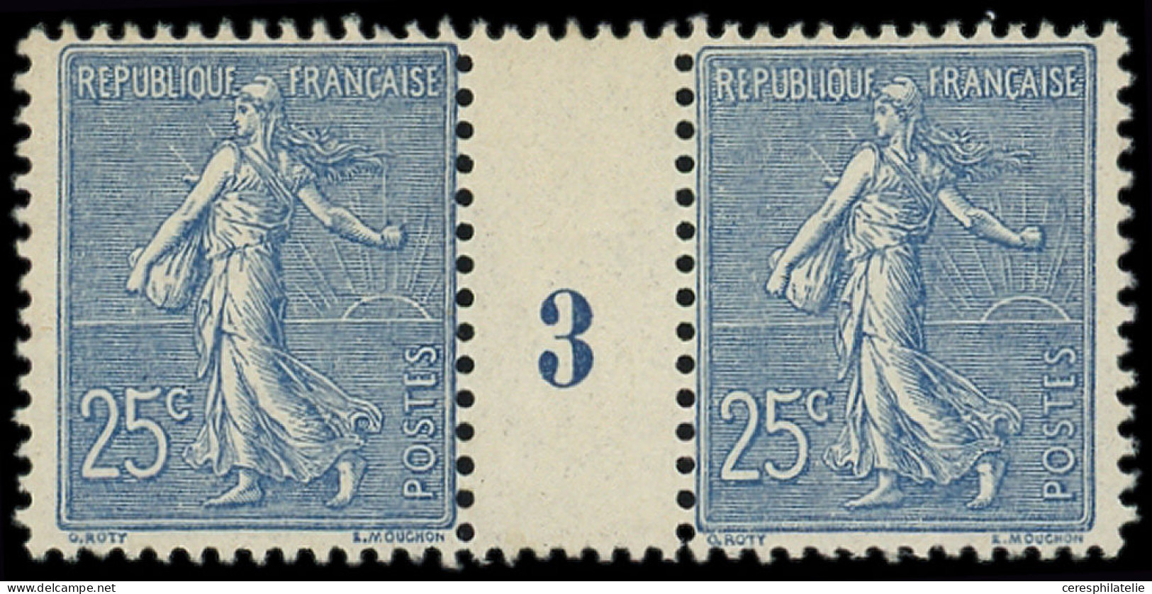 ** VARIETES - 132   Semeuse Lignée, 25c. Bleu, PAIRE Mill.3, TB - Millésime