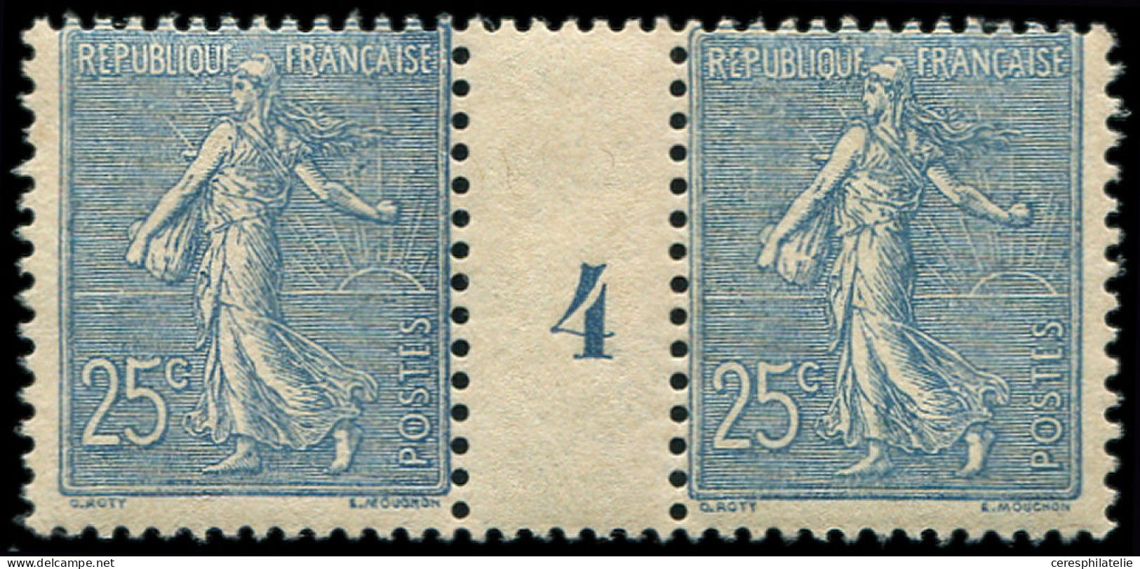 ** VARIETES - 132   Semeuse Lignée, 25c. Bleu, PAIRE Mill.4, Décentrée, TB - Millésime