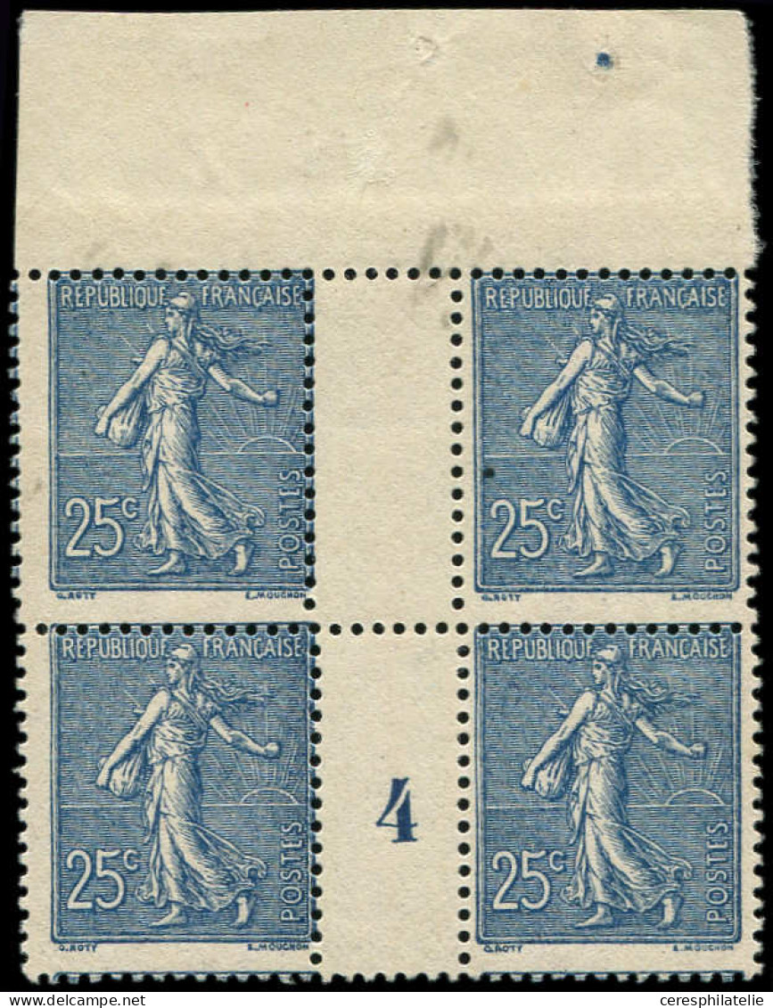 ** VARIETES - 132   Semeuse Lignée, 25c. Bleu, BLOC De 4 Mill.4 Haut De Feuille, Décentré, Sinon TB - Millésime