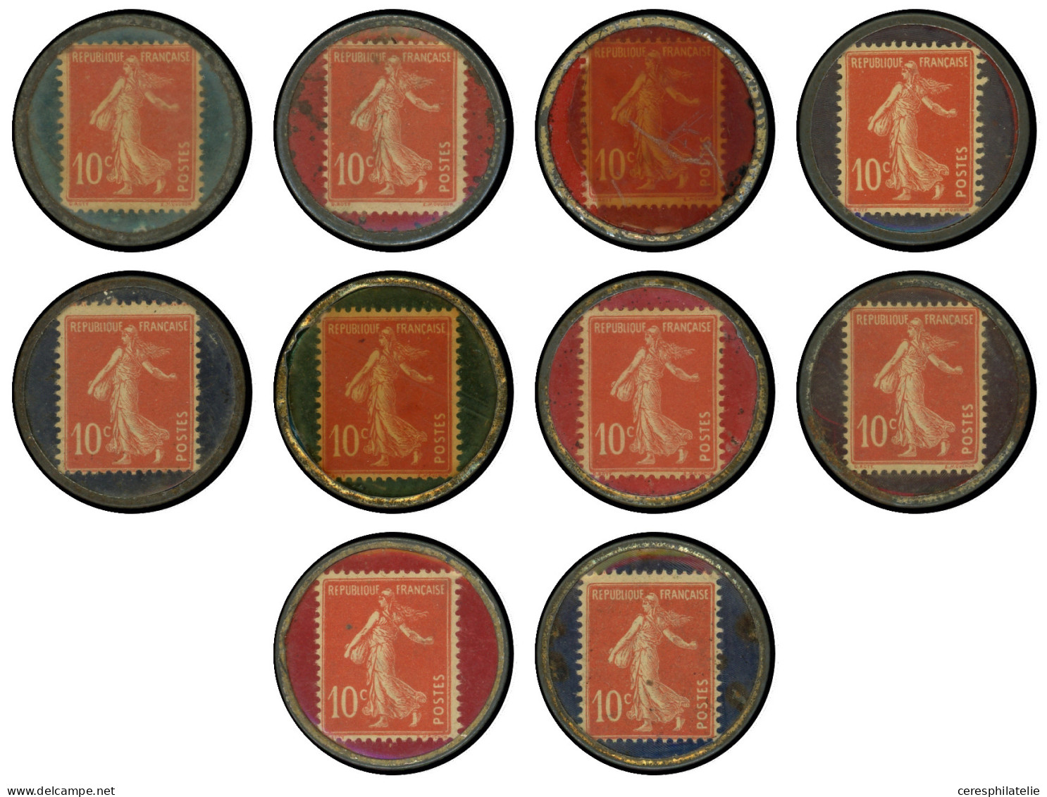 VARIETES - 138   Semeuse Camée, 10c. Rouge Sur Bleu Et Rouge Sur Rouge, 19 Timbres Monnaies, TB - Gebraucht