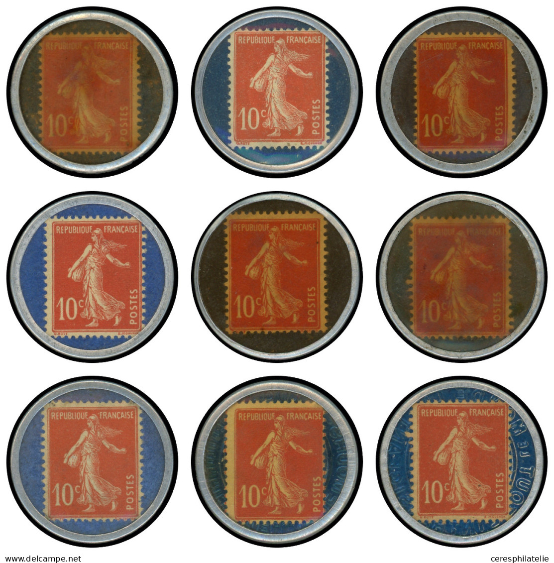 VARIETES - 138   Semeuse Camée, 10c. Rouge Sur Bleu Et Rouge Sur Rouge, 19 Timbres Monnaies, TB - Gebraucht