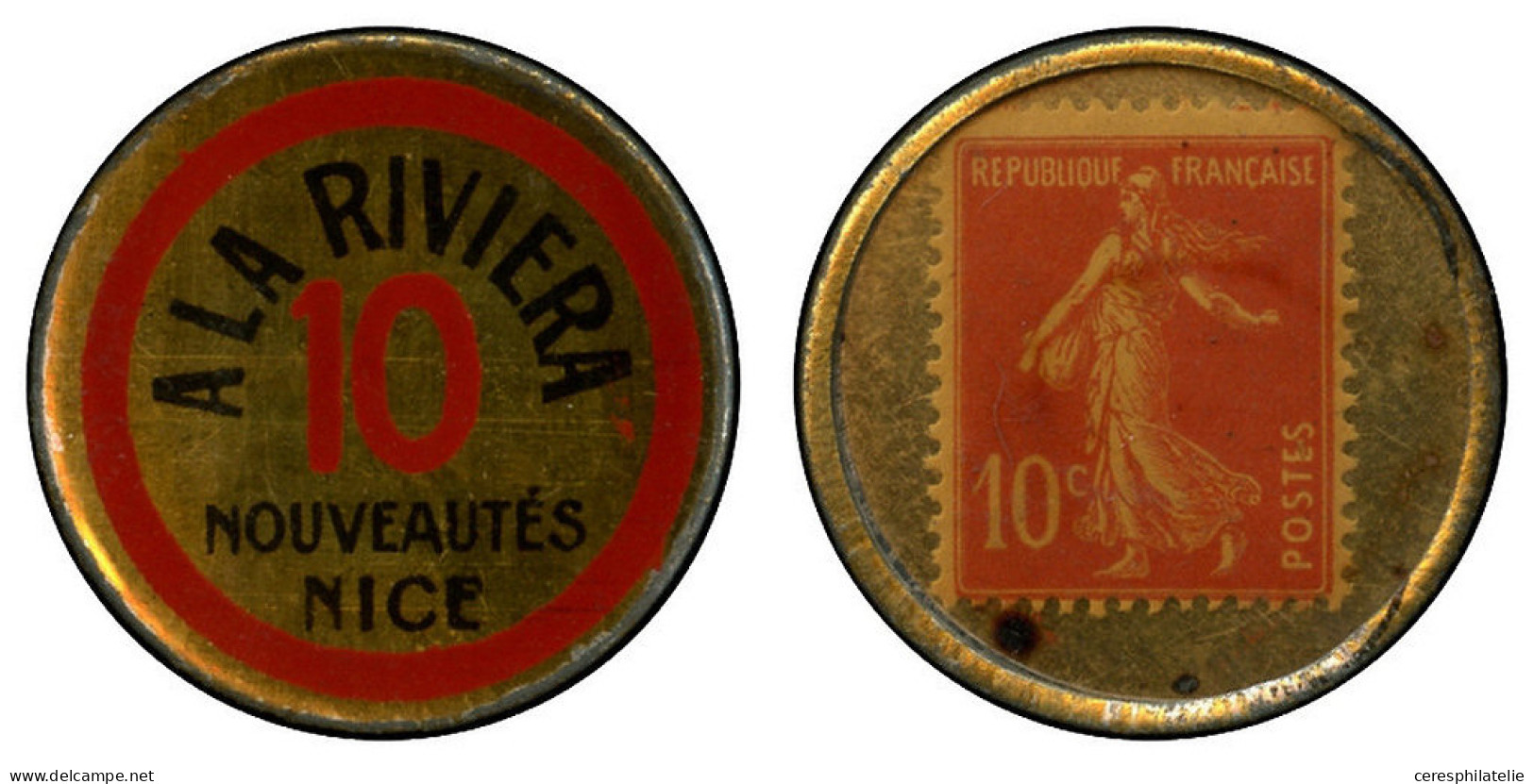 VARIETES - 138   Semeuse Camée, 10c. Rouge Sur Doré, Timbre Monnaie RIVIERA, TB - Used Stamps