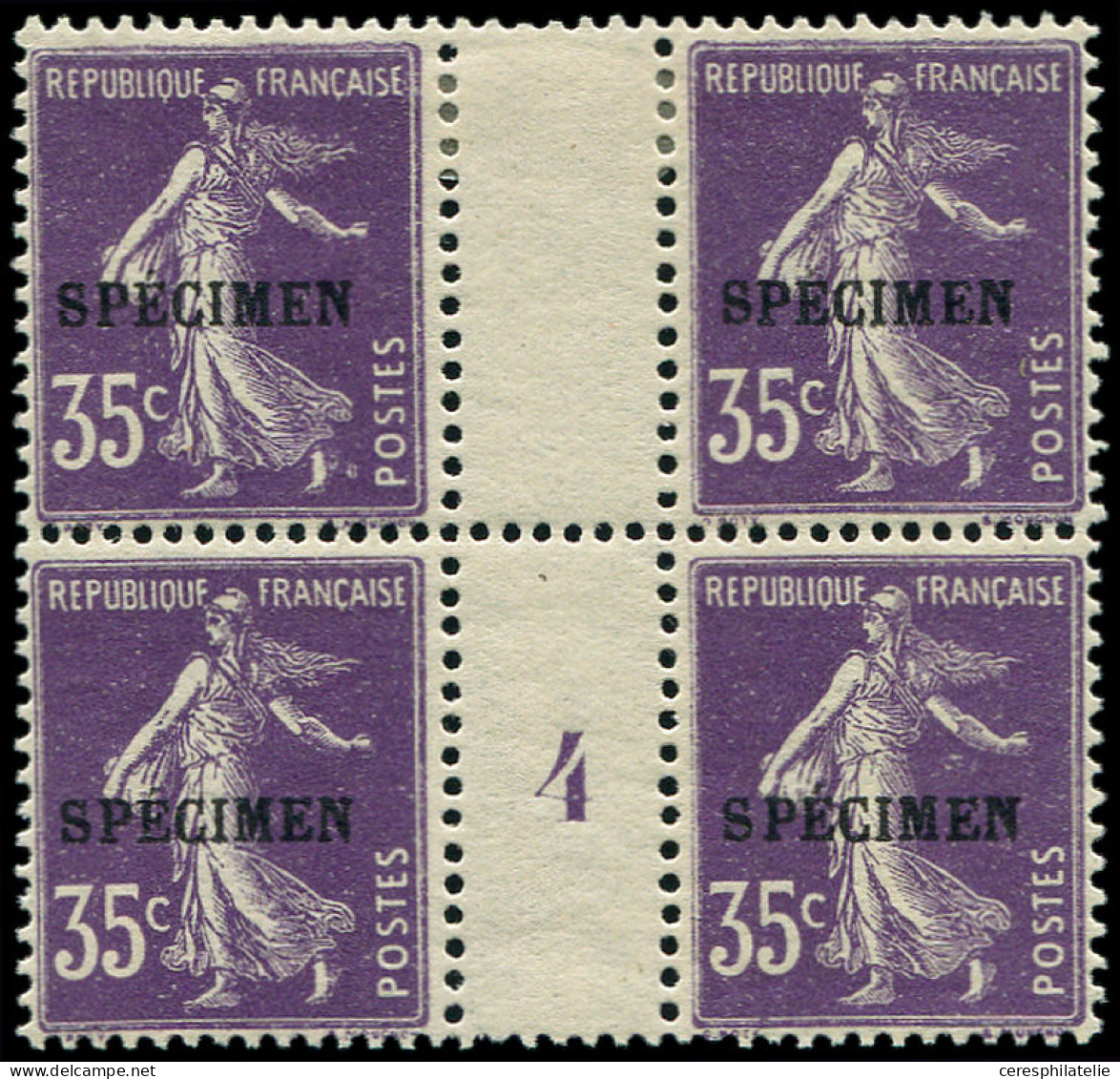 ** VARIETES - 142   Semeuse Camée, 35c. Violet Surch. SPECIMEN, BLOC De 4 Mill.4, Timbres Normaux *, TB - Cursussen