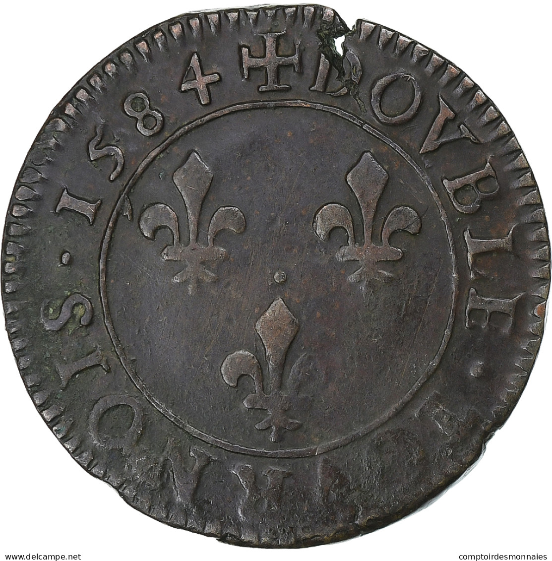 France, Henri III, Double Tournois, 1584, Paris, Cuivre, TTB, Gadoury:455 - 1574-1589 Henry III