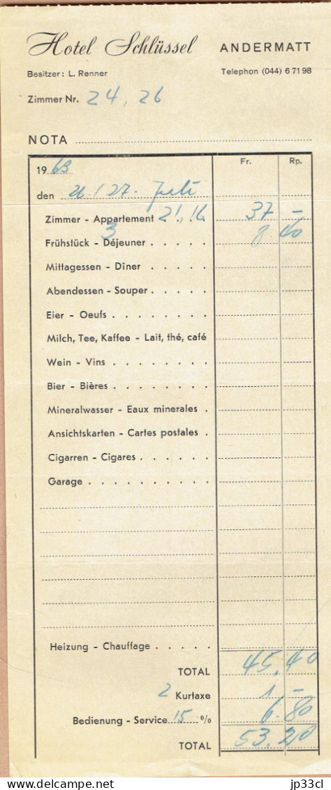 Alte Rechnung Vom Hotel Schlüssel, Andermatt (Schweiz) - Besitzer : L. Renner (1963) - 1950 - ...