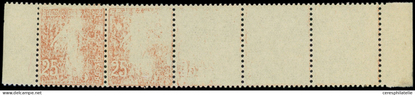 ** VARIETES - 235   Semeuse Camée, 25c. Brun Jaune, BANDE De 5 Avec Bords, 2 Ex. NON IMPRIMES Allant à Impression Très D - Unused Stamps