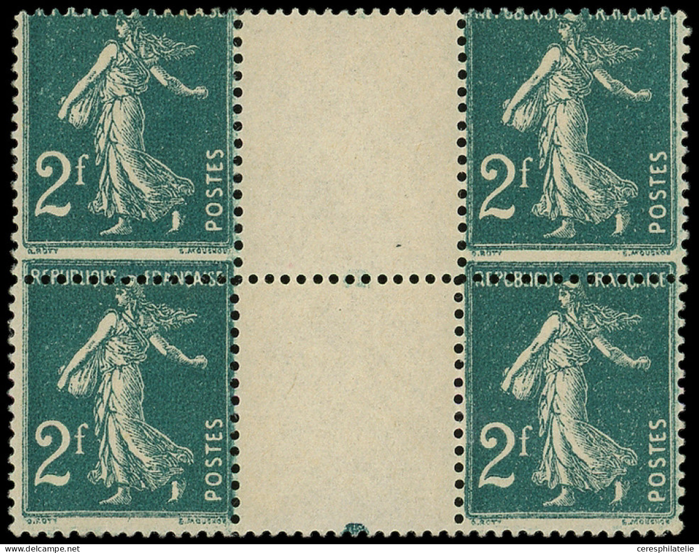 ** VARIETES - 239   Semeuse Camée,  2f. Vert Bleu, BLOC De 4 Interp., 2 Ex. Format Réduit, 2 Ex. Grand Format (1 Ex. *), - Unused Stamps