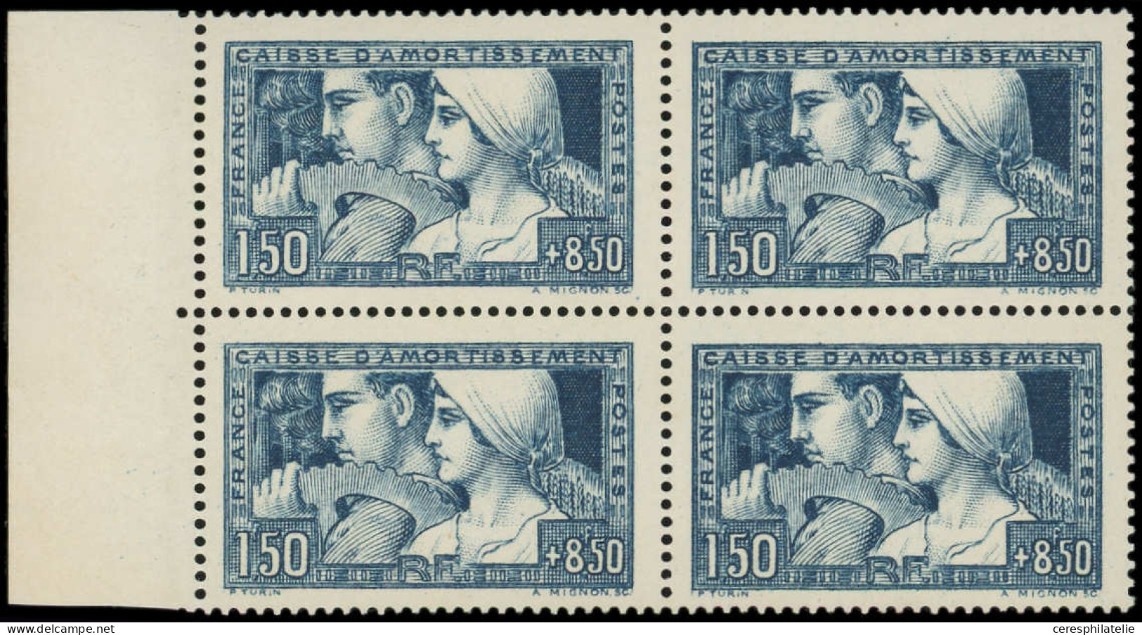 ** VARIETES - 252   Le Travail, 1f.50 + 8f.50, BLOC De 4 Bdf, 2 Ex. T I, 2 Ex. T III, 1 Ex. Variété TURN, TB - Unused Stamps