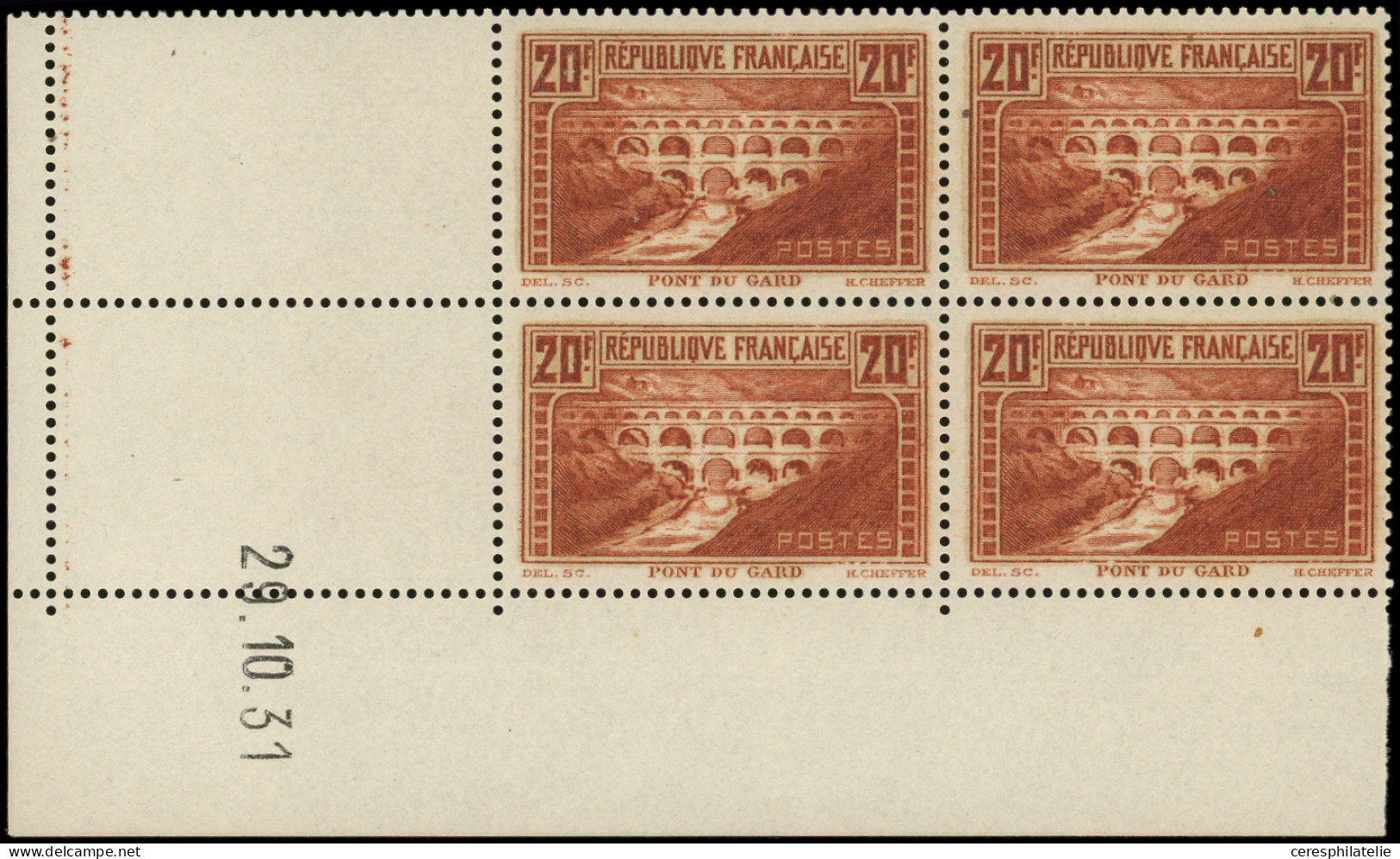 ** VARIETES - 262b  Pont Du Gard, 20f. Chaudron Clair, T IIB, "rivière Blanche", BLOC De 4 CD 29/10/31, TTB - Unused Stamps