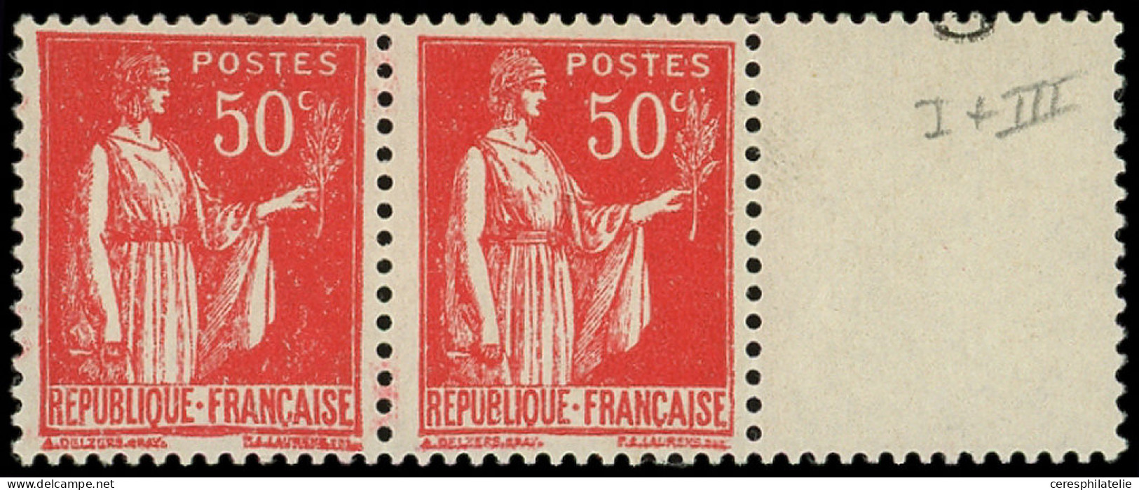 ** VARIETES - 283r  Paix, 50c. Rouge, T I Et III Se Tenant, En PAIRE Horizontale, Bdf, R Et TB - Nuevos