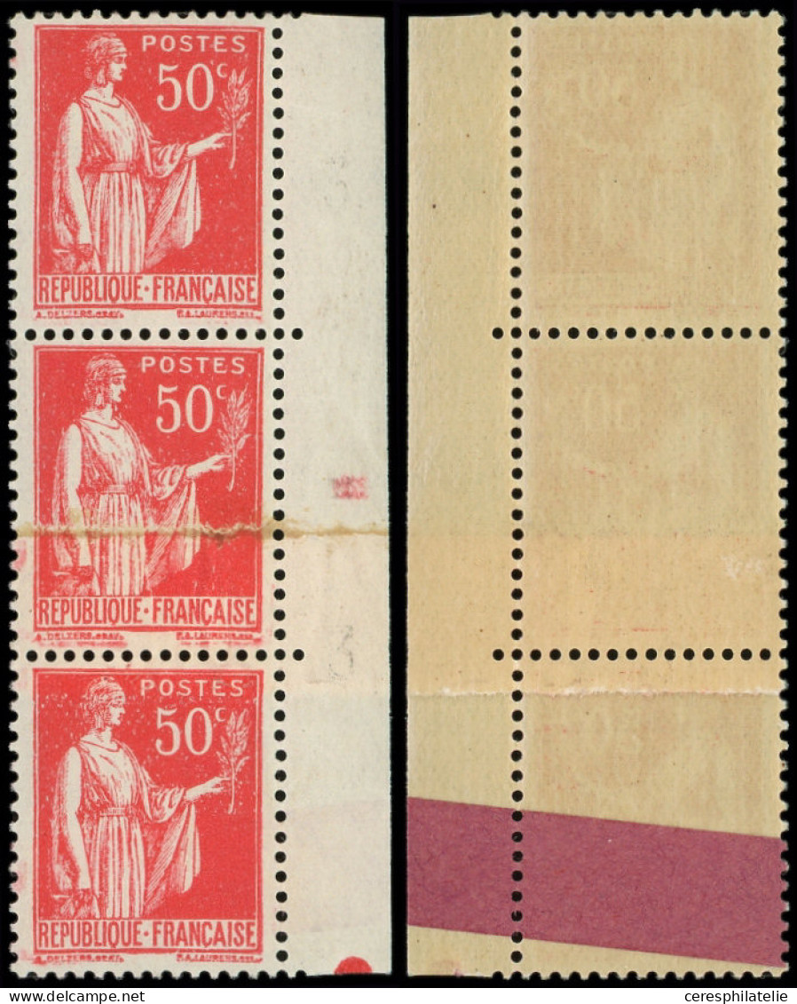 ** VARIETES - 283t  Paix, 50c. Rouge, T III, IMPRESSION Sur RACCORD Dans Une BANDE De 3 Bdf, 1 Ex. Avec Sonnette Au Vers - Neufs