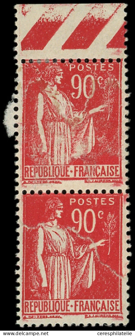 * VARIETES - 285   Paix, 90c. Rouge Carminé, IMPRESSION Sur RACCORD Dans Une PAIRE Bdf, RR Et TB - Unused Stamps