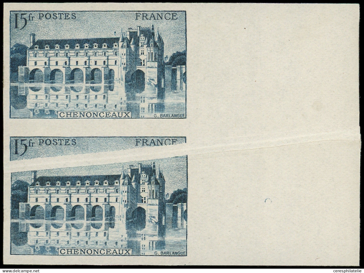 ** VARIETES - 610   Chenonceaux, 15f., Essai De Couleur En Bleu-vert NON DENTELE, PAIRE Verticale Bdf, 1 Ex. Pli ACCORDE - Ongebruikt