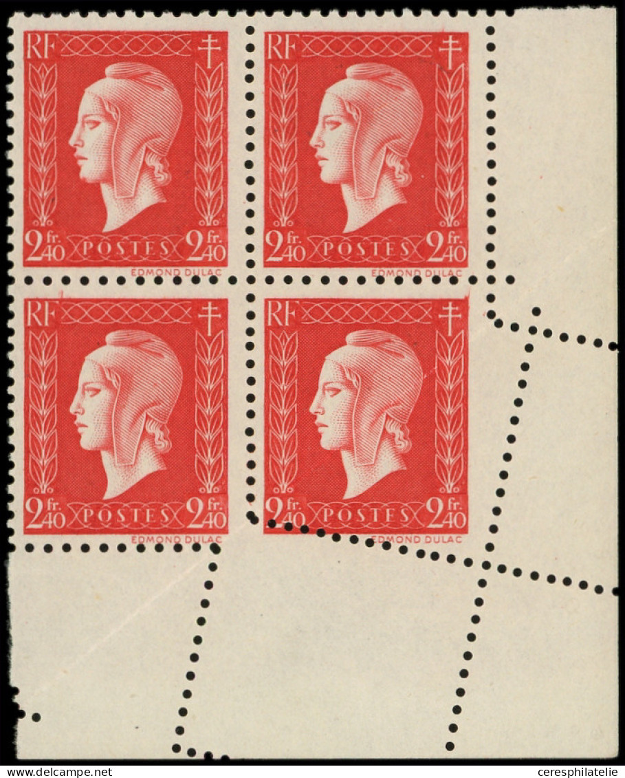 ** VARIETES - 693   Dulac,  2f.40 Rouge Carminé, BLOC De 4 Avec PIQUAGE DEPLACE En Cdf, RR Sur Ce T., TB - Unused Stamps