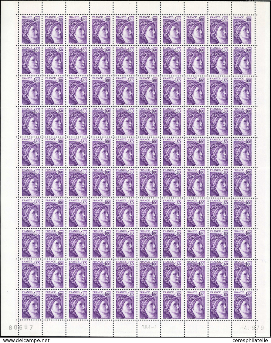 ** VARIETES - 2060a  Sabine, 1,60 Violet, SANS PHOSPHO, Gomme Hollandaise, 2 Feuilles De 100 CD 4/9/79, N°80656 Et 80657 - Nuevos