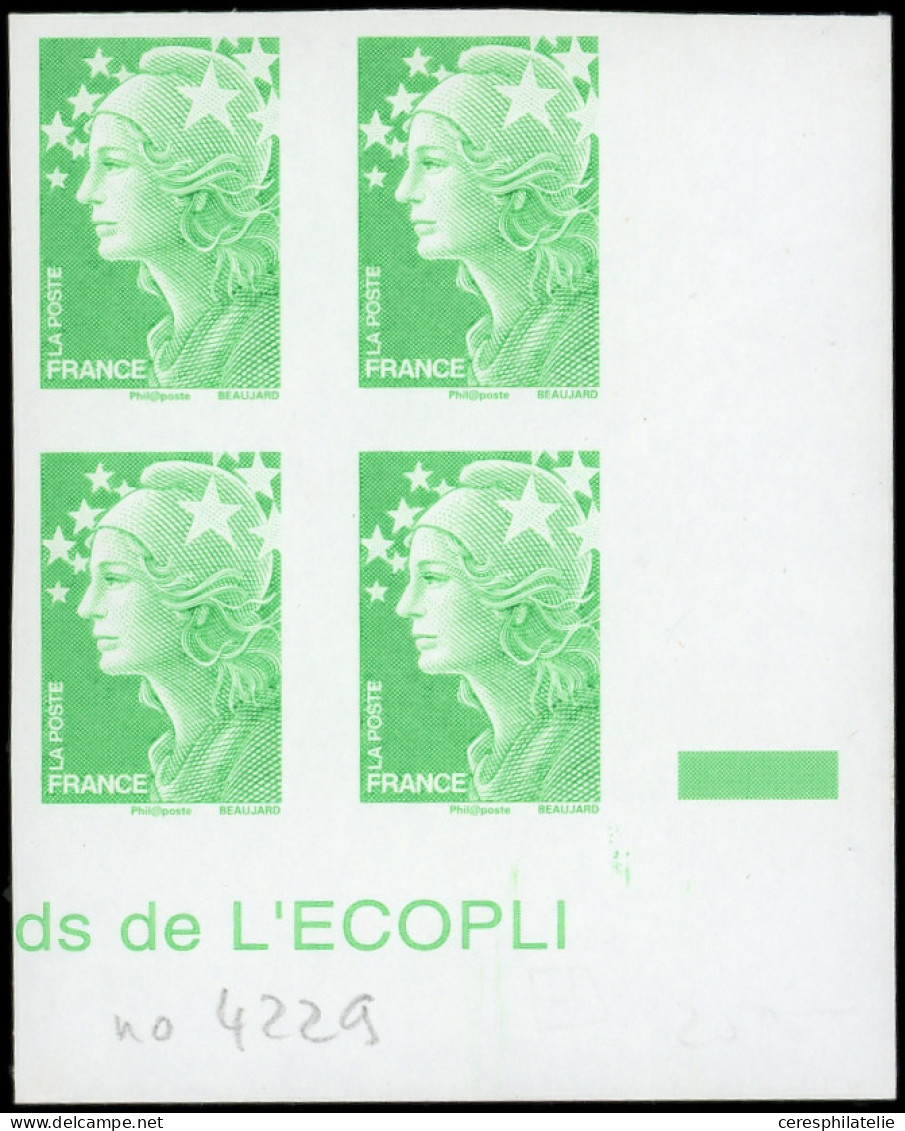 ** VARIETES - 4229   Beaujard, TVP Vert, BLOC De 4 NON DENTELE Cdf, TB - Unused Stamps