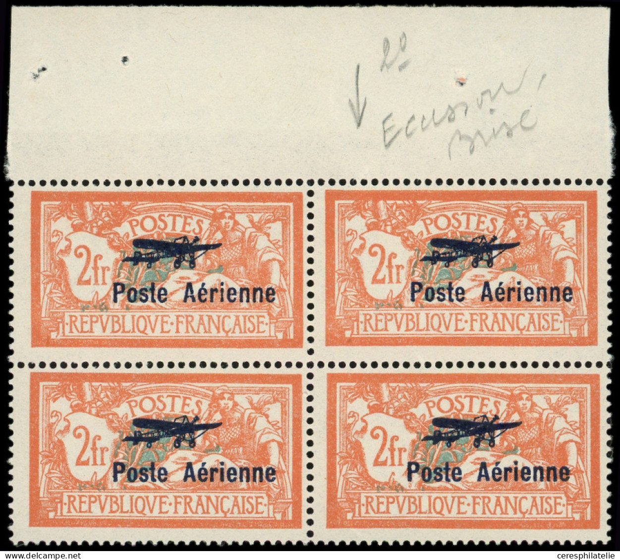 ** VARIETES - PA 1    2f. Orange Et Vert Bleu, ECUSSON CASSE Dans Un BLOC De 4 Bdf, Superbe - Other & Unclassified