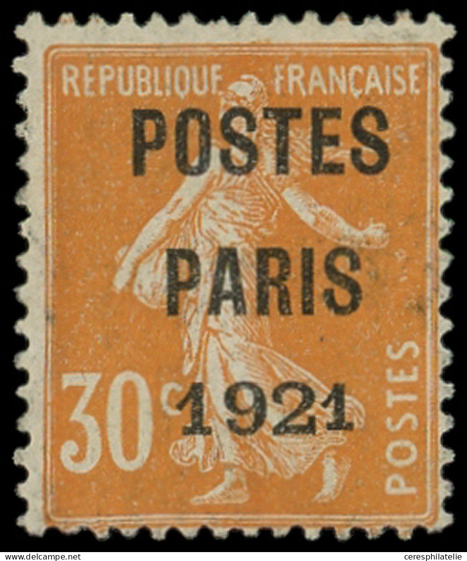 (*) VARIETES - Préo 29b 30c. Orange, POSTES PARIS 1921, GROS Chiffres 192, TB - Sonstige & Ohne Zuordnung