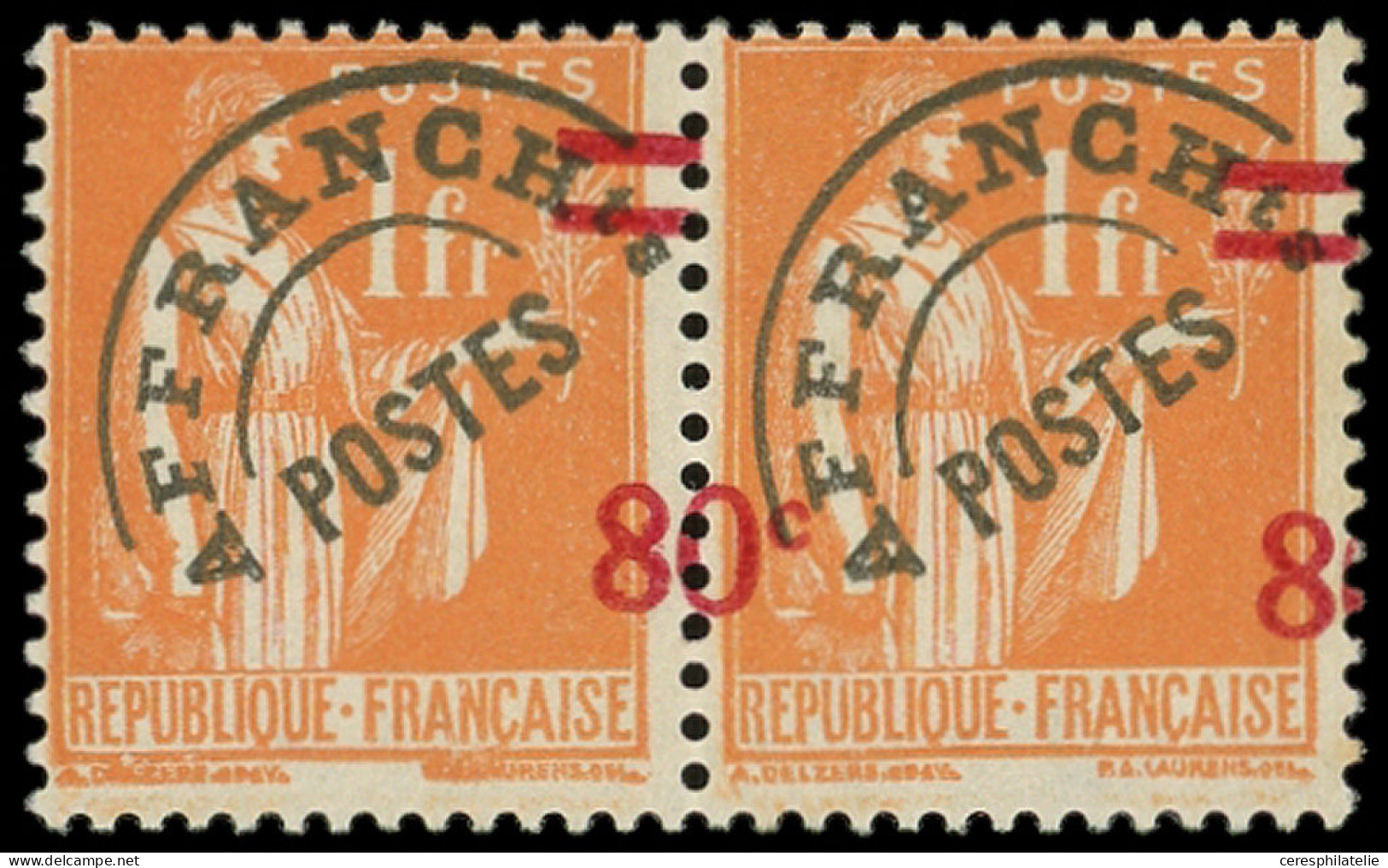 ** VARIETES - Préo 74    80c. S. 1f. Orange, PAIRE Surcharge A CHEVAL, 1 Ex. SANS 0c., TB - Other & Unclassified