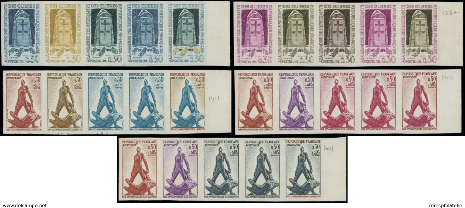 ** ESSAIS DE COULEURS NON DENTELES - 1380 Et 1411, Glières, 2 BANDES De 5, N°1411 Résistance 3 BANDES De 5, 5 Ex. Multic - Other & Unclassified