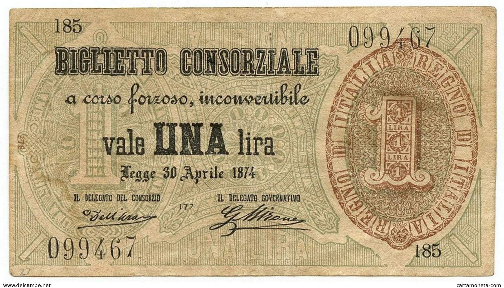 1 LIRA BIGLIETTO CONSORZIALE REGNO D'ITALIA 30/04/1874 BB - Biglietto Consorziale