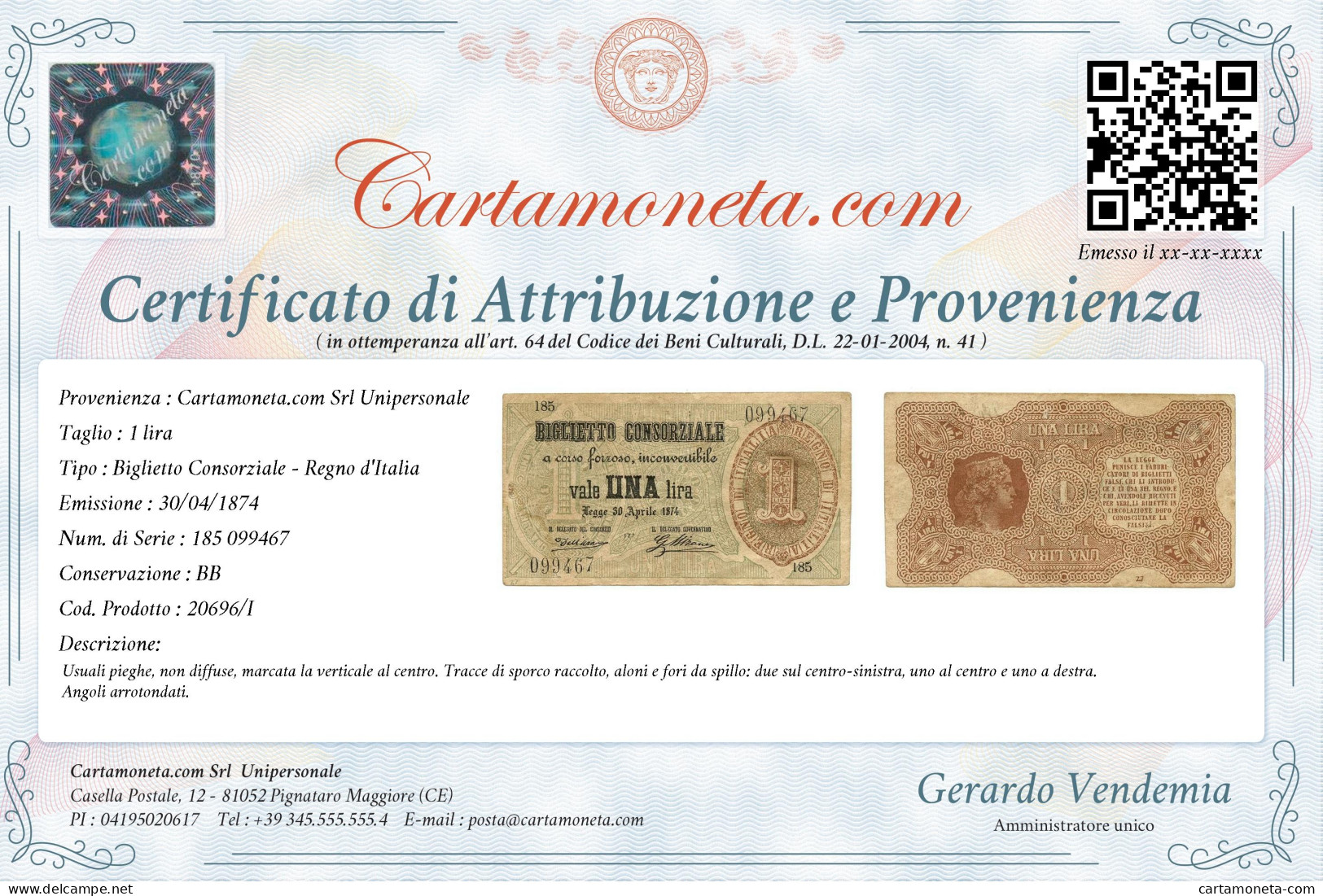 1 LIRA BIGLIETTO CONSORZIALE REGNO D'ITALIA 30/04/1874 BB - Biglietti Consorziale