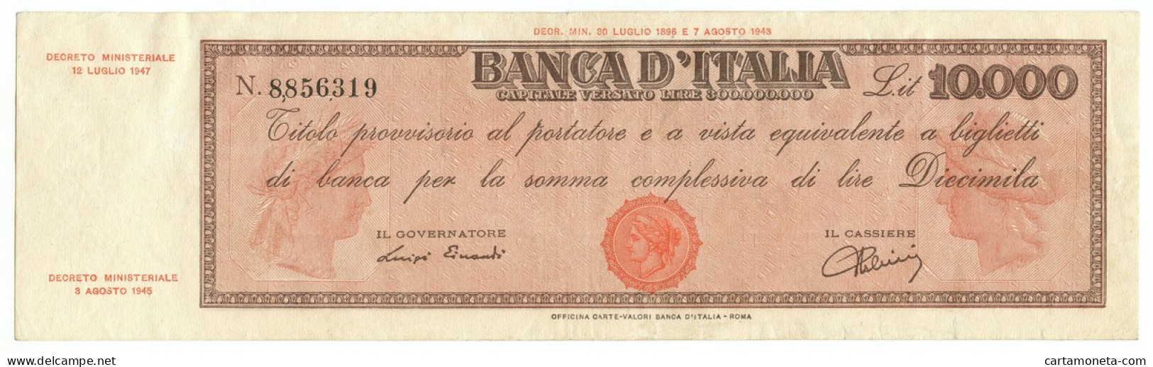 10000 LIRE TITOLO PROVVISORIO TESTINA REPUBBLICA ITALIANA 12/07/1947 BB/BB+ - Altri & Non Classificati