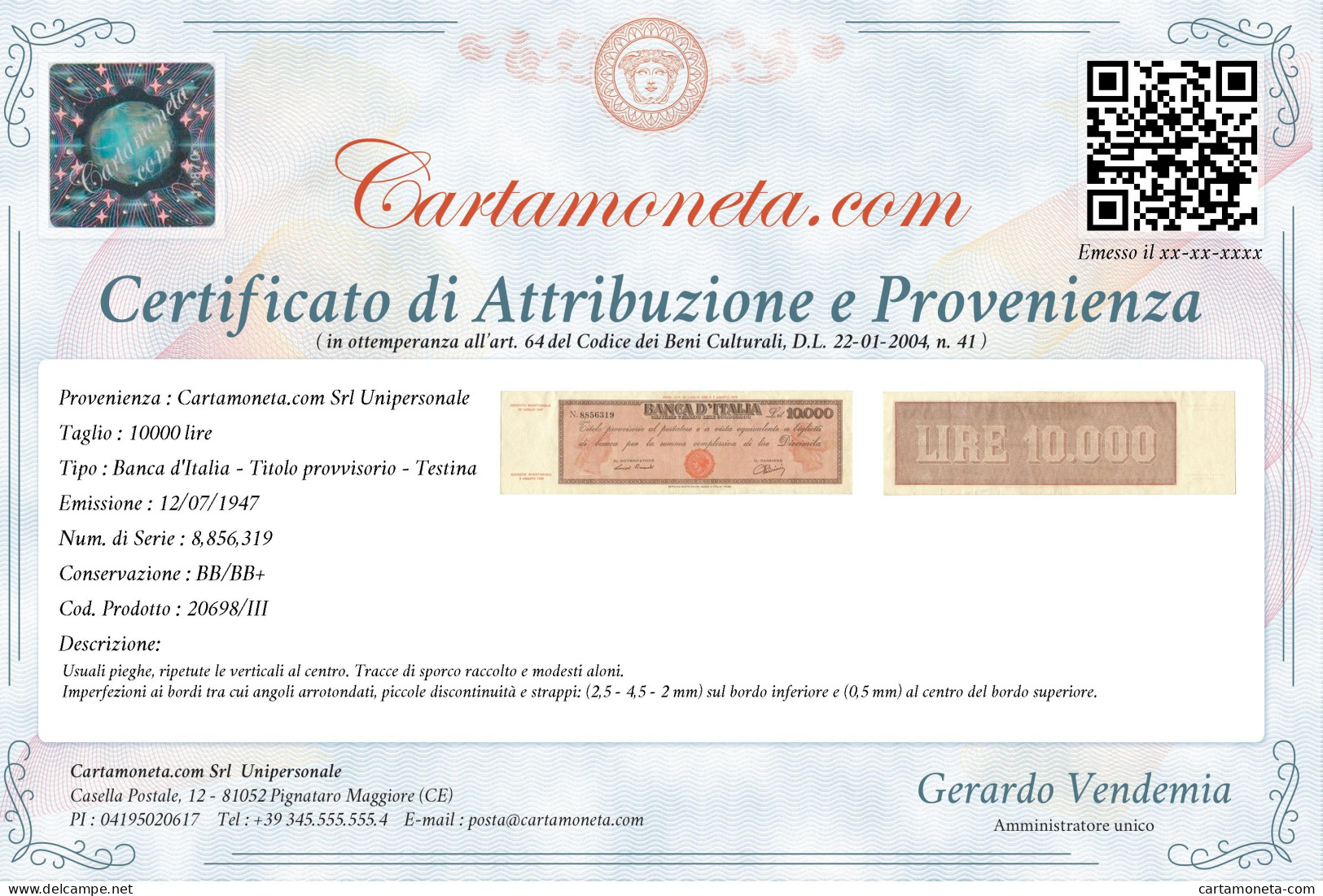 10000 LIRE TITOLO PROVVISORIO TESTINA REPUBBLICA ITALIANA 12/07/1947 BB/BB+ - Andere & Zonder Classificatie