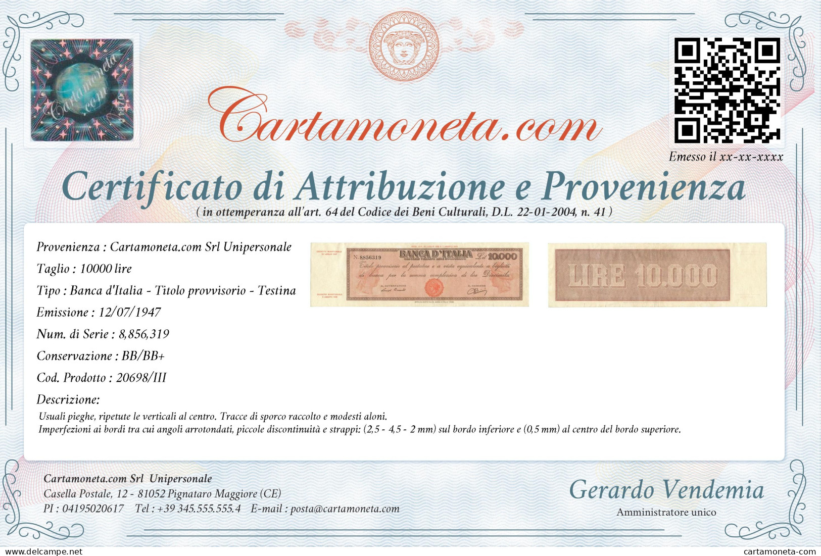 10000 LIRE TITOLO PROVVISORIO TESTINA REPUBBLICA ITALIANA 12/07/1947 BB/BB+ - Otros & Sin Clasificación