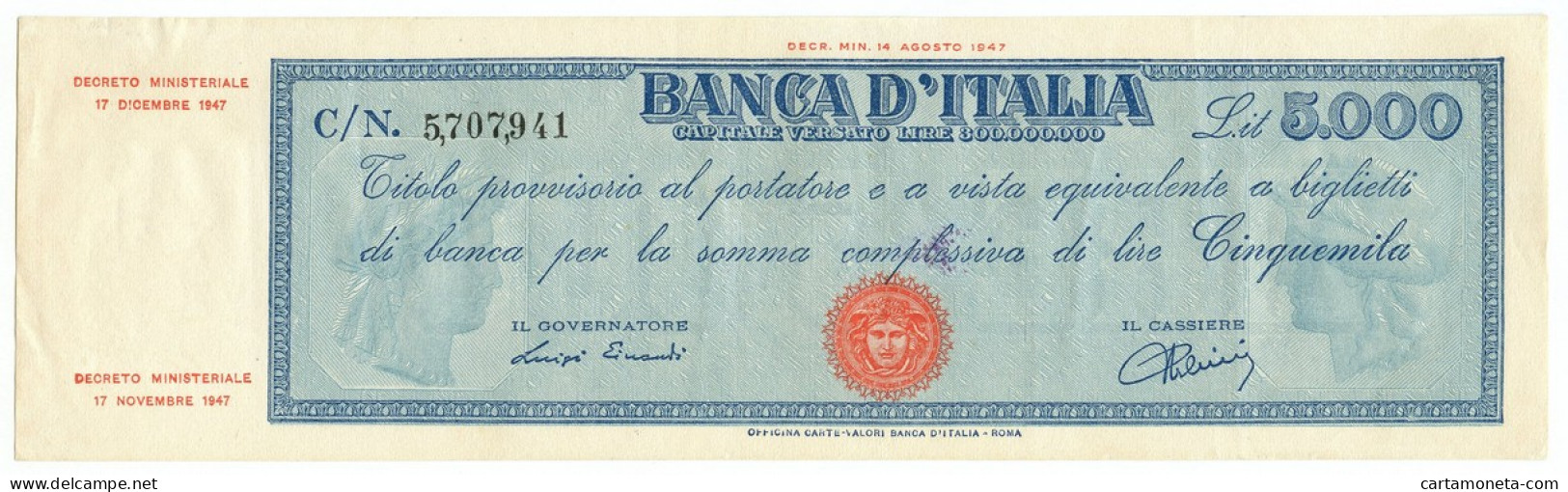 5000 LIRE TITOLO PROVVISORIO MEDUSA REPUBBLICA ITALIANA 17/12/1947 QSPL - Otros & Sin Clasificación