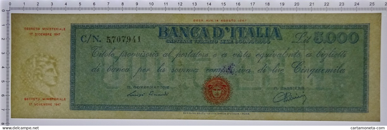 5000 LIRE TITOLO PROVVISORIO MEDUSA REPUBBLICA ITALIANA 17/12/1947 QSPL - Other & Unclassified