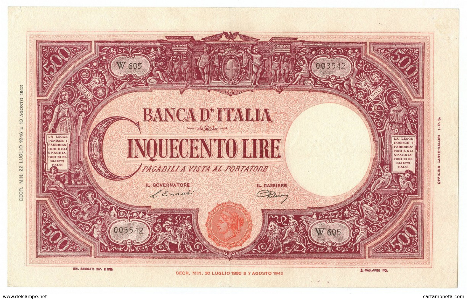 500 LIRE BARBETTI GRANDE C TESTINA BI REPUBBLICA ITALIANA 22/07/1946 QSPL - Other & Unclassified