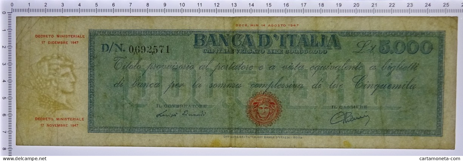 5000 LIRE TITOLO PROVVISORIO MEDUSA REPUBBLICA ITALIANA 17/12/1947 BB/BB+ - Other & Unclassified