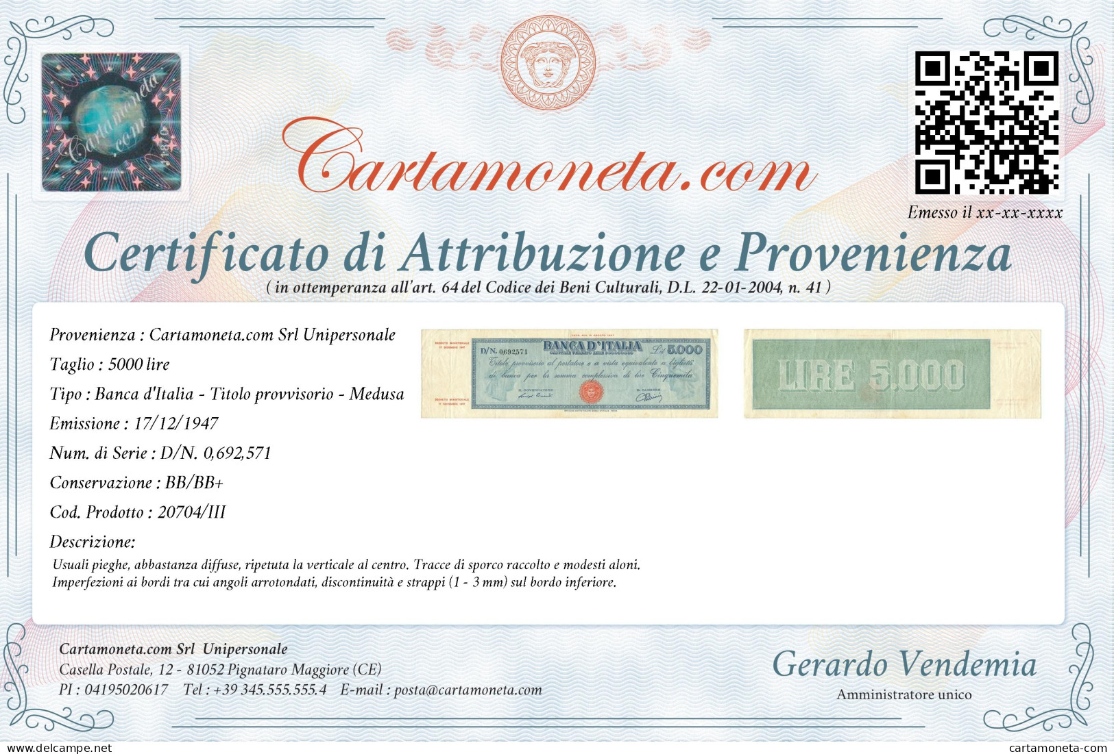 5000 LIRE TITOLO PROVVISORIO MEDUSA REPUBBLICA ITALIANA 17/12/1947 BB/BB+ - Other & Unclassified