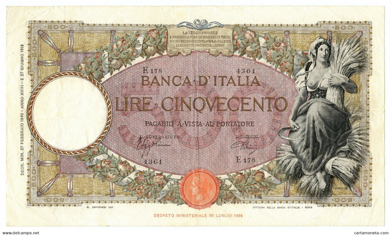 500 LIRE CAPRANESI MIETITRICE TESTINA FASCIO ROMA 27/02/1940 BB/BB+ - Regno D'Italia – Autres