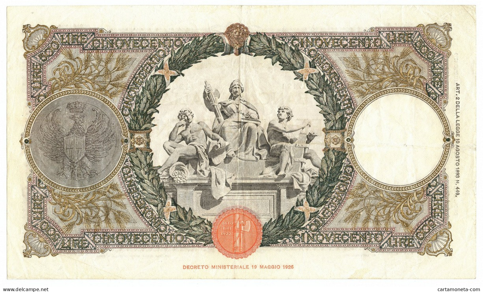 500 LIRE CAPRANESI MIETITRICE TESTINA FASCIO ROMA 27/02/1940 BB/BB+ - Regno D'Italia – Other