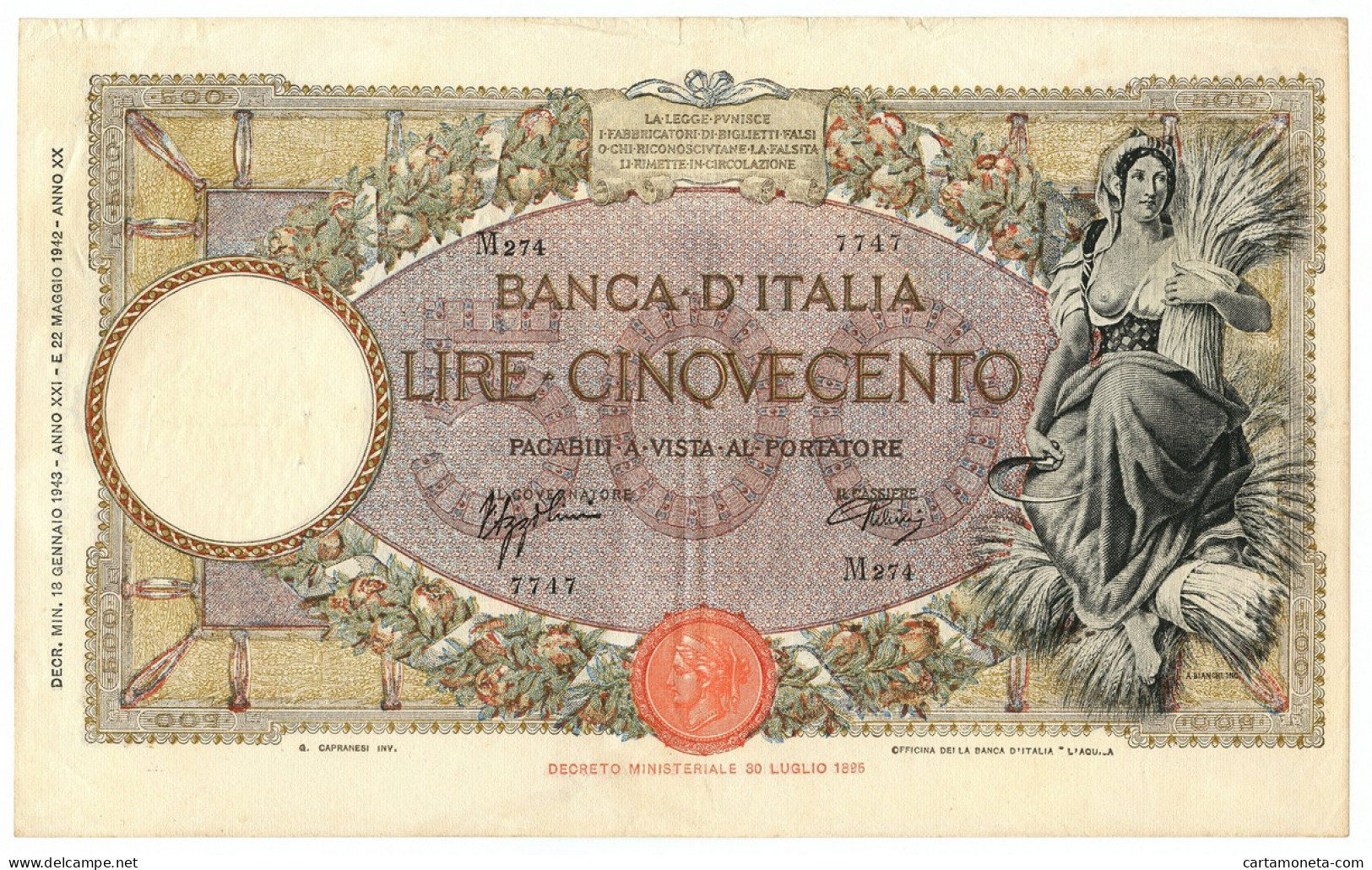 500 LIRE CAPRANESI MIETITRICE TESTINA FASCIO L'AQUILA 18/01/1943 BB/BB+ - Sonstige