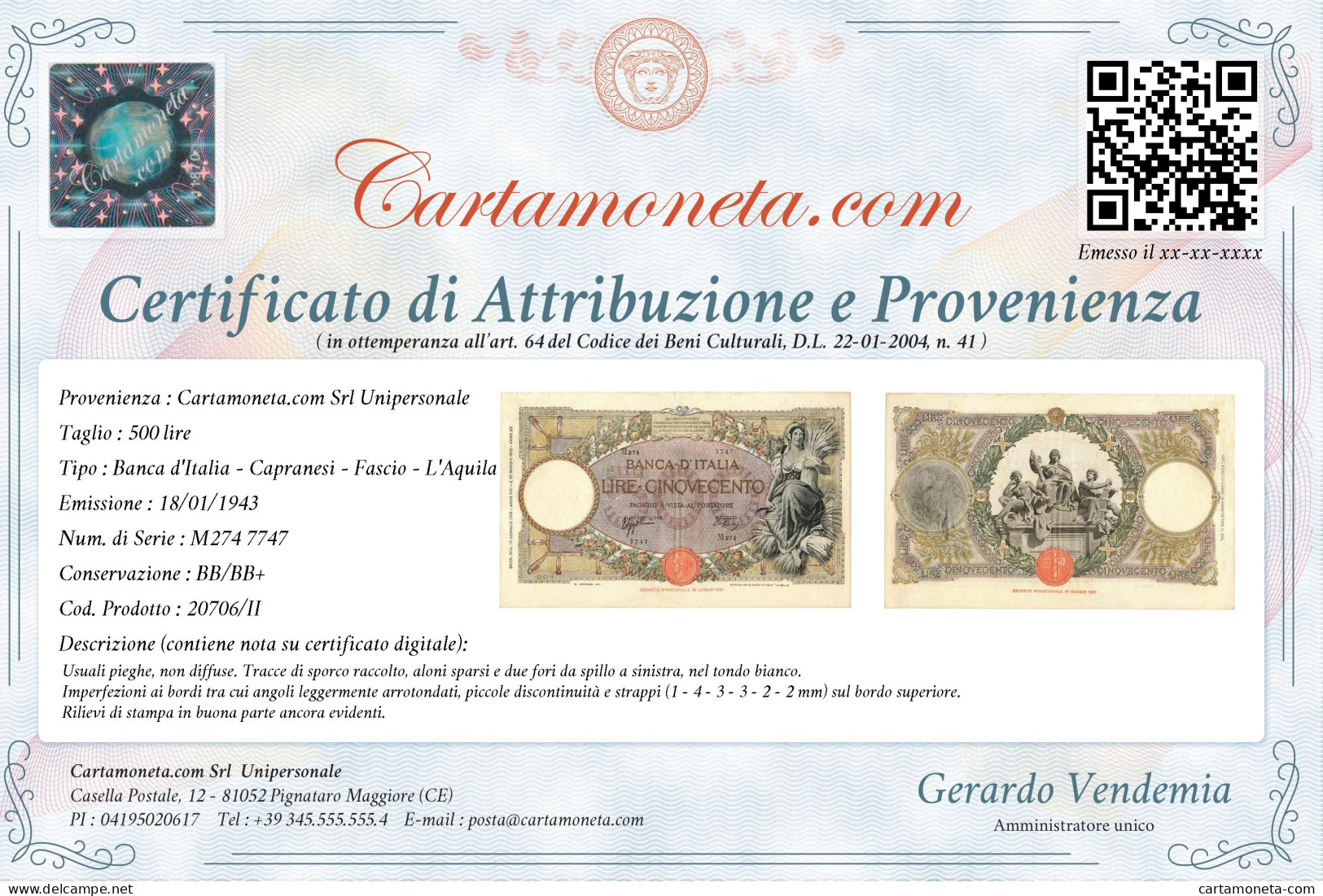 500 LIRE CAPRANESI MIETITRICE TESTINA FASCIO L'AQUILA 18/01/1943 BB/BB+ - Andere